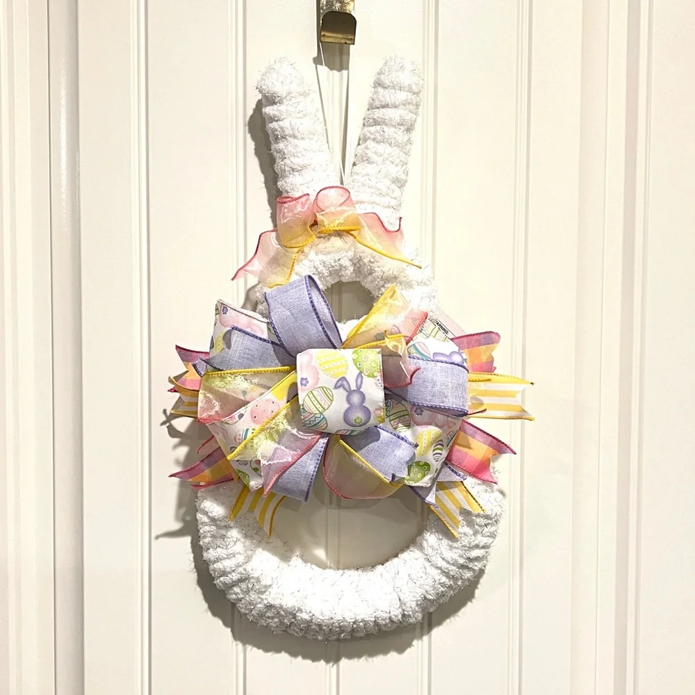 White Fluffy Yarn & Ribbon Bunny Wreath for Easter 19”L #3
